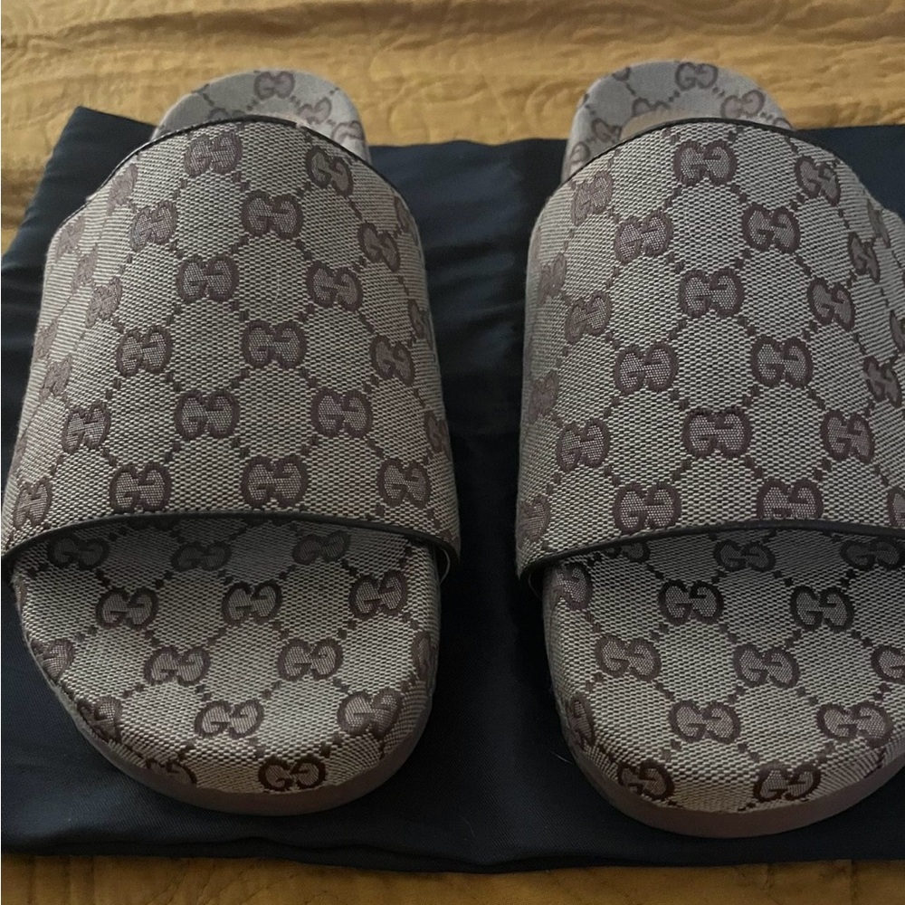 Gucci tan and Brown Monogram Slides
